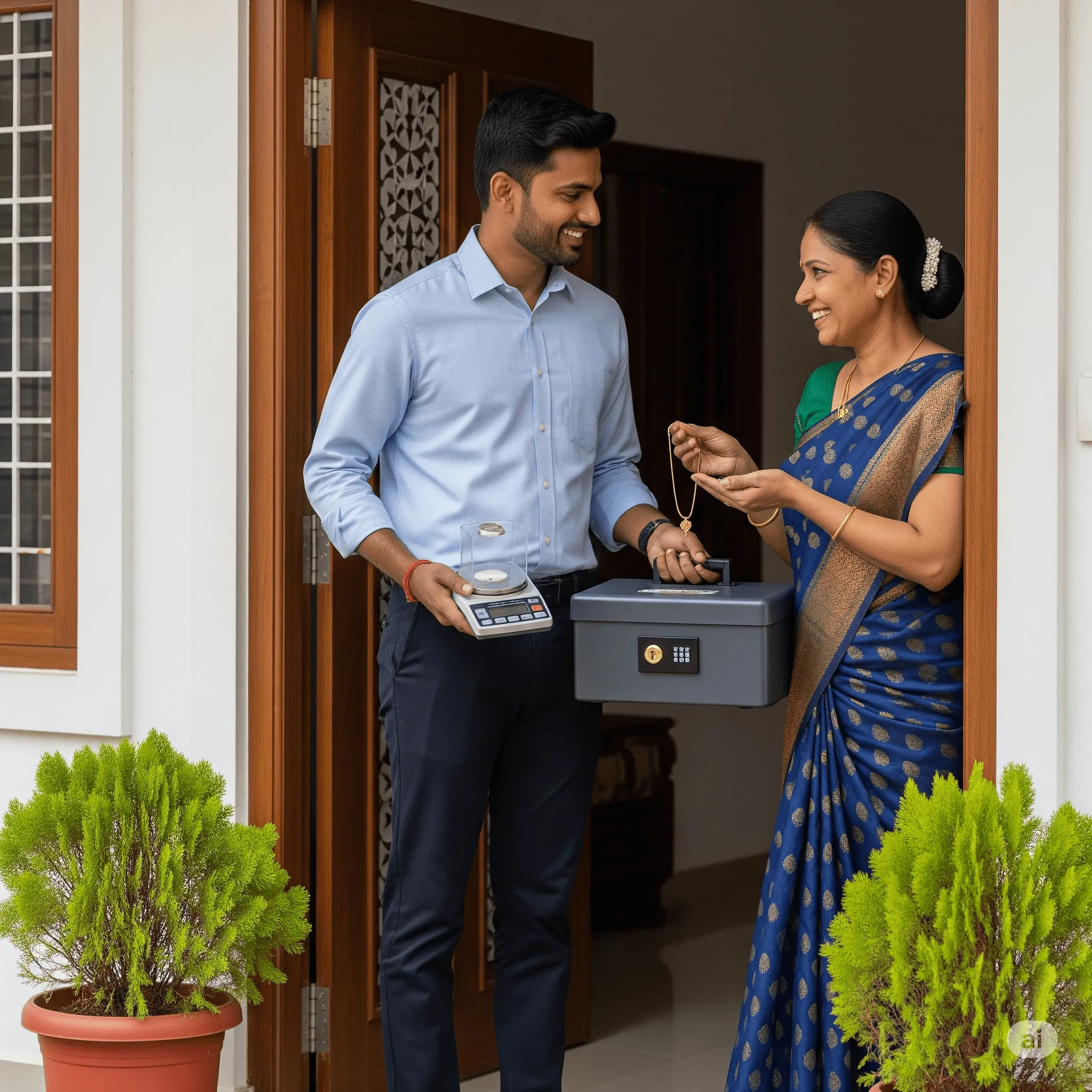 Certified gold appraiser inspecting gold jewellery on digital scale during appraisal