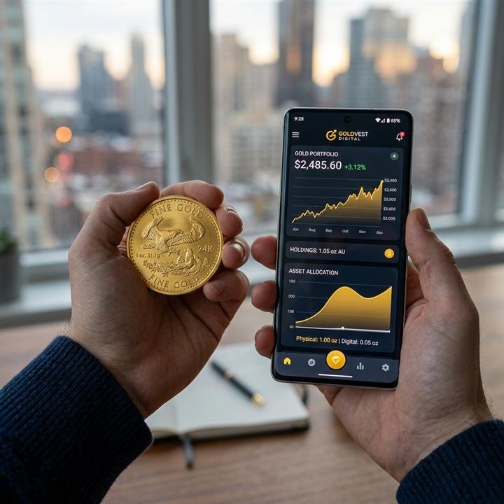 Physical gold coin in hand next to smartphone investment app
