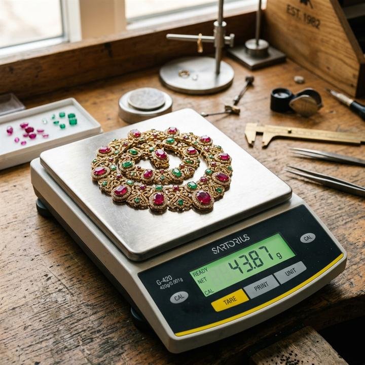 Gemstone studded gold necklace on digital scale